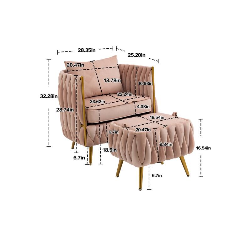 Accent Chair with Storage Ottoman, Modern Hand Woven Vanity Chair (Pink)