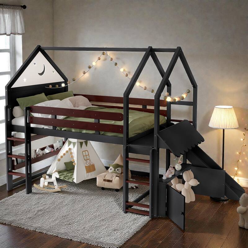 Full Size Kids Loft Bed with Bookshelf and Slide, House-Shaped Play Bed with Stairs, Safety Guardrails
