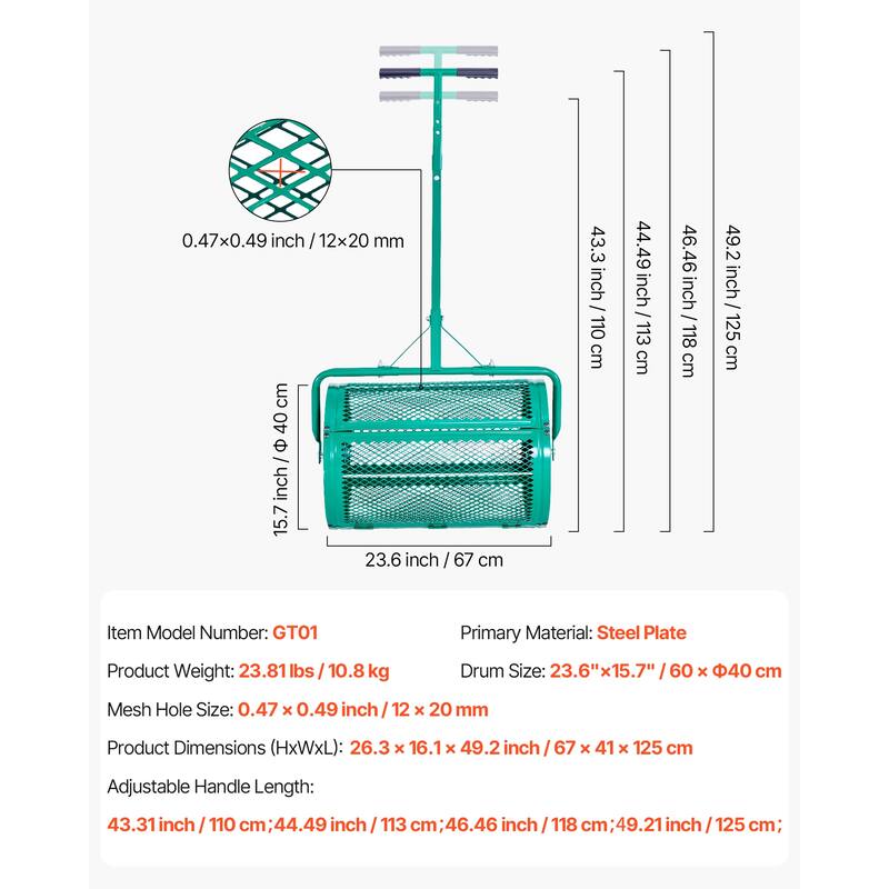 Compost Spreader, 24 in Wide Peat Moss Spreader with Push Tow Handle, 4 Heights Adjustable for Planting Seeding