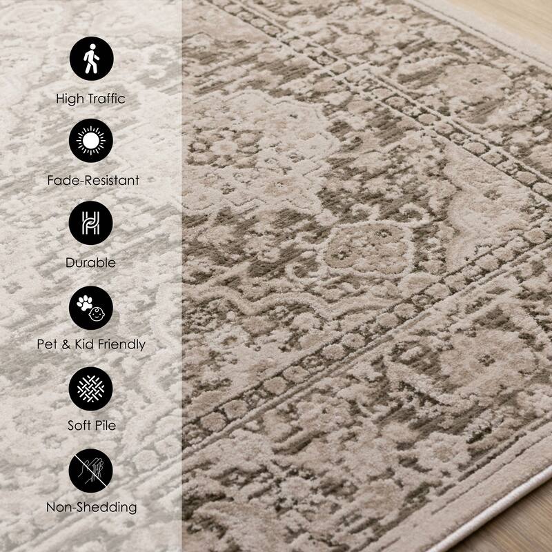 Taupe White Green Elegant Classic Textured Rug