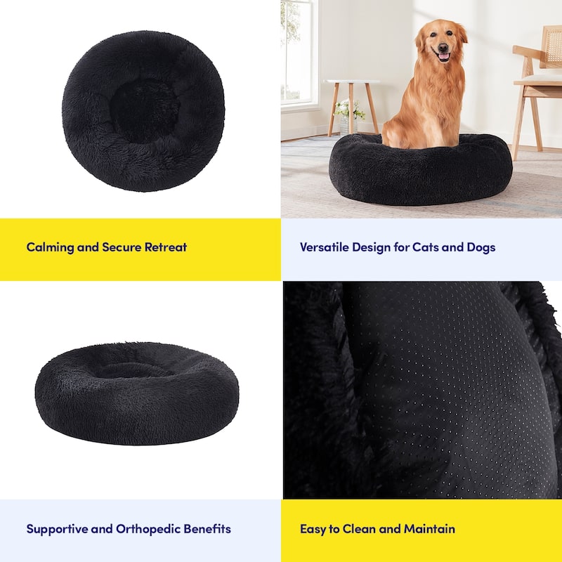 Round Calming Soft Warm Shaggy Plush Faux Fur Donut Pet Dog Cat Sleeping Bed