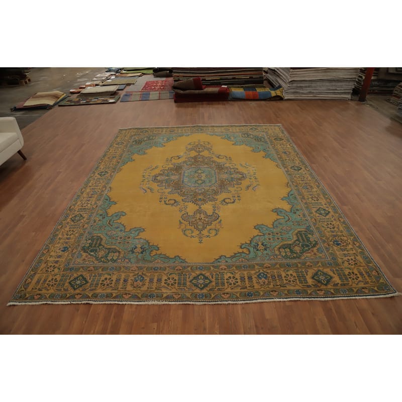 Hand Knotted Oriental 100% Wool Carpet Traditional Floral Yellow & Gold Tabriz Area Rug - 12' 5'' X 9' 8''