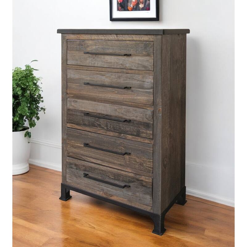 HomeRoots 36" Gray Solid Wood Five Drawer Dresser - 5-drawer