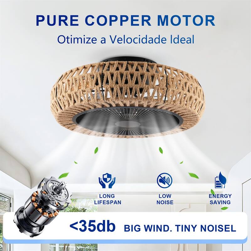 20" Vintage Rope Ceiling Fan Light w/ Remote Control 6 Speed Adjustable Airflow, NOT Included Bulbs