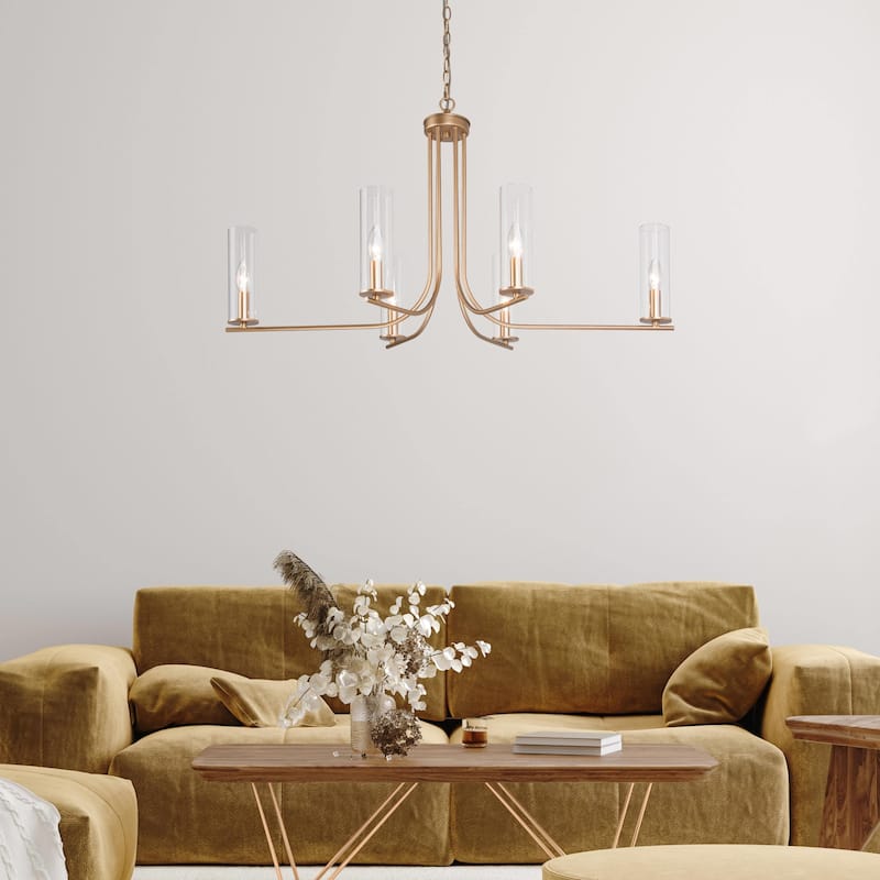 Mid-century Modern Gold 6-Light 36inch Wide Candle Glass Chandelier for Dining Room