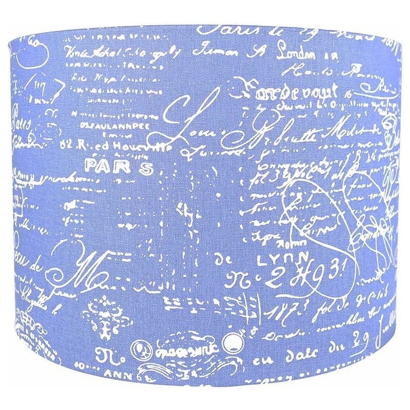 Classic Drum Linen Lamp Shade, 8" to 16" Bottom Size - 14" - Blue, White Script