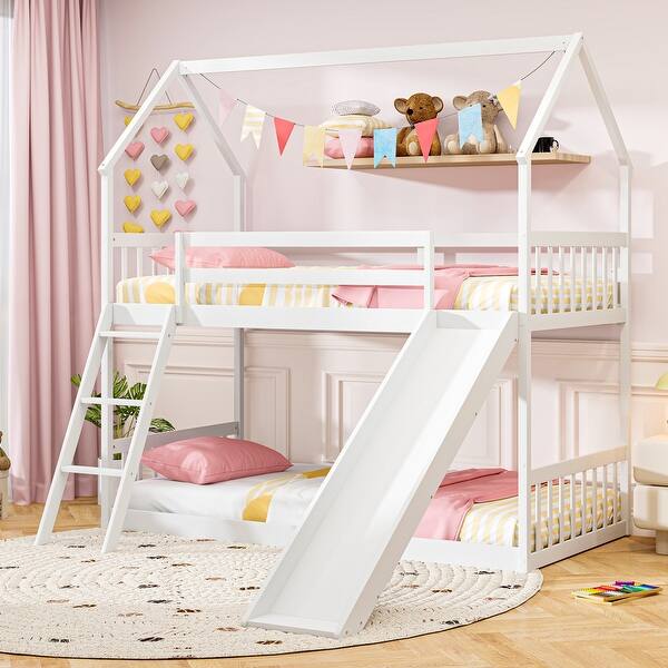 slide 2 of 10, Gymax Twin Over Twin House Bunk Bed w/ Slide Solid Wood Low Bunk Bed White - Twin