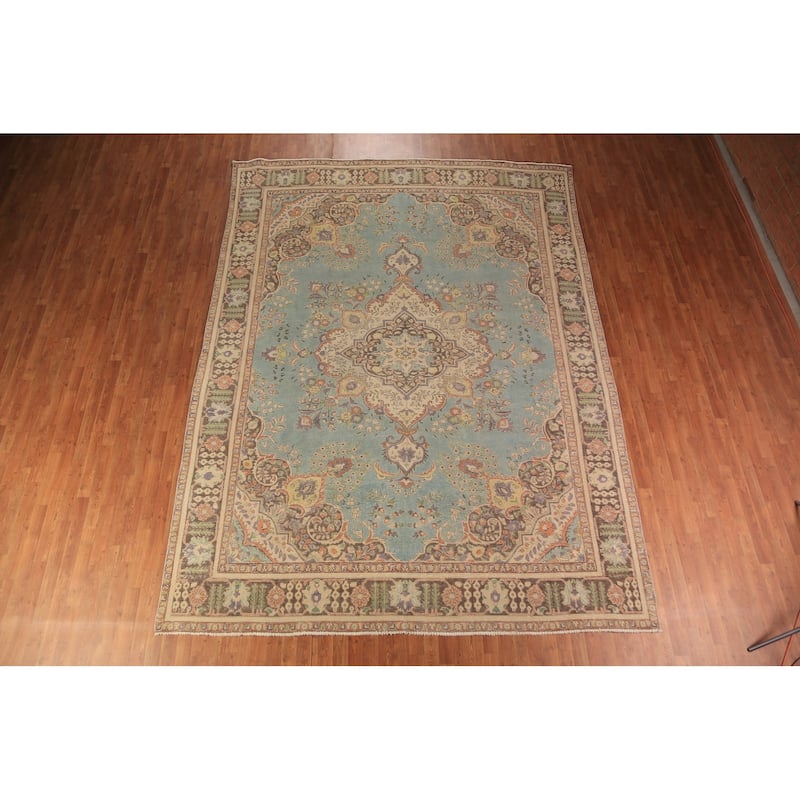Light Blue Medallion Tabriz Persian Rug Handmade Wool Carpet - 9'7"x 12'10"