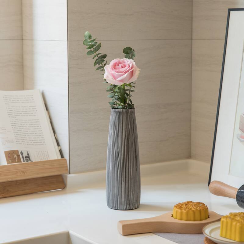 Grey Striped Decorative Round Table Centerpiece Flower Vase Display Modern Home Decor Accent Stylish Elegant Ornamental
