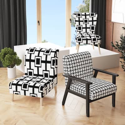 Designart "Black and White Geometric " Upholstered Patterned Accent Chair and Arm Chair