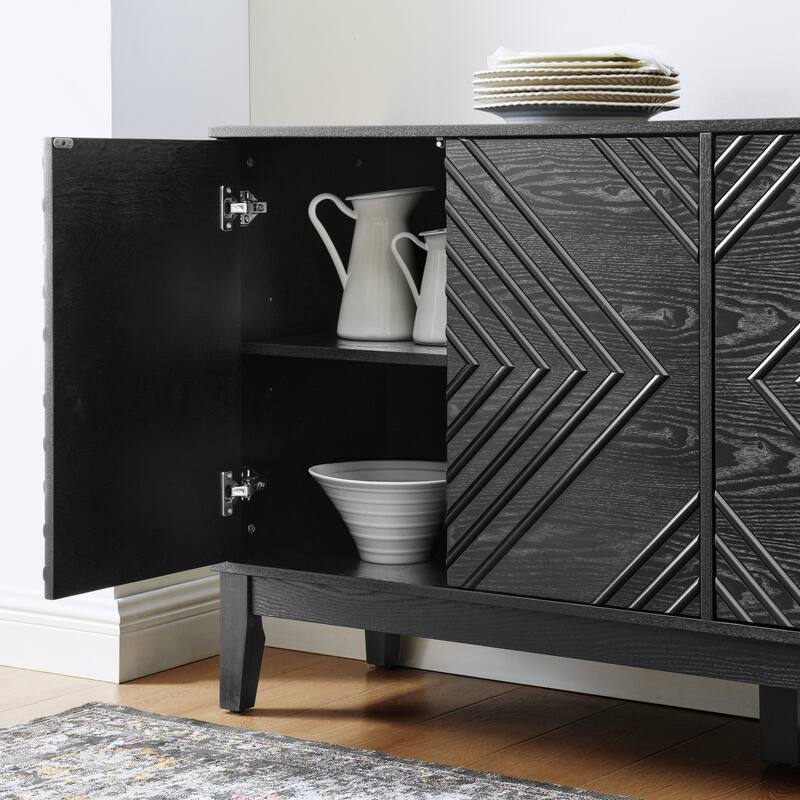 60.5"Buffet Cabinet with Storage, Farmhouse Fluted Sideboard with Geometric Pattern & Adjustable Shelves, Modern TV Stand