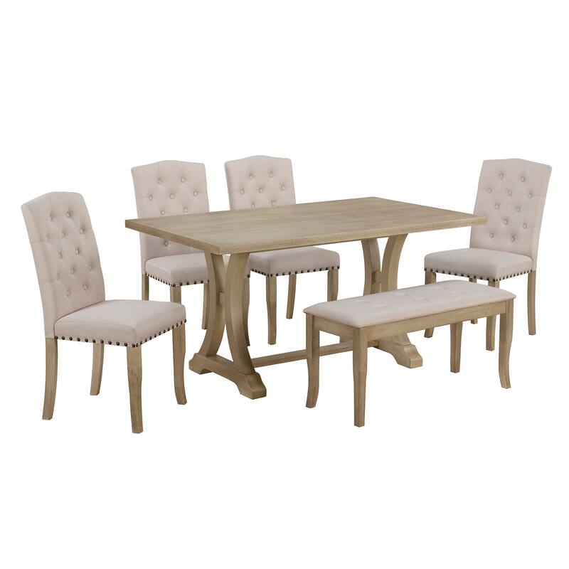 6-Piece Farmhouse Dining Table Set, Rectangular Trestle Table and 4 Upholstered Chairs & Bench for Dining Room