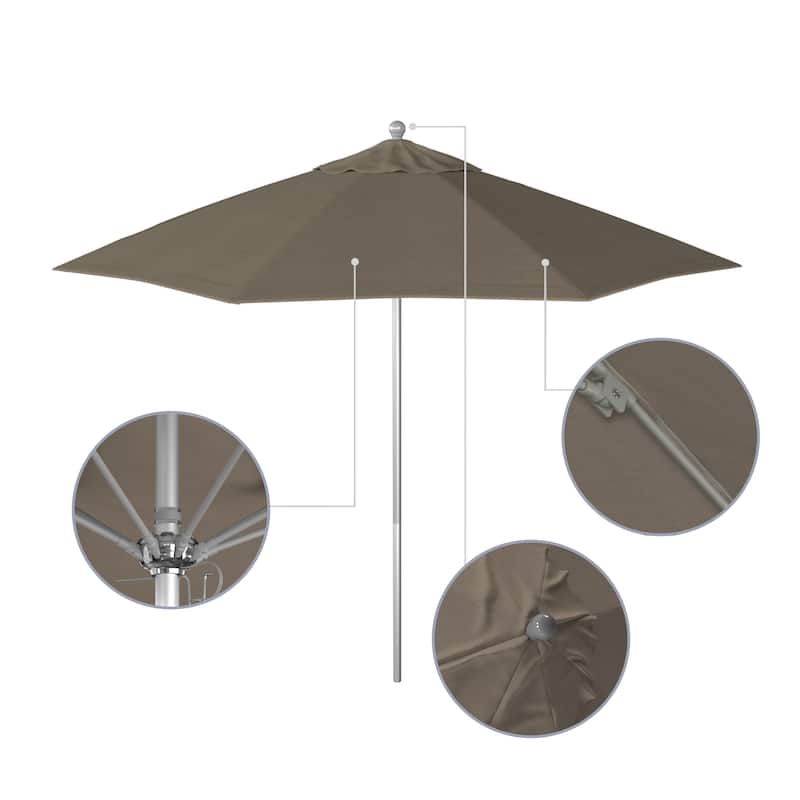 California Umbrella 9' Rd. Aluminum Frame, Fiberglass Rib Patio Umbrella, Push Open,Anodized Silver Finish, Sunbrella Fabric
