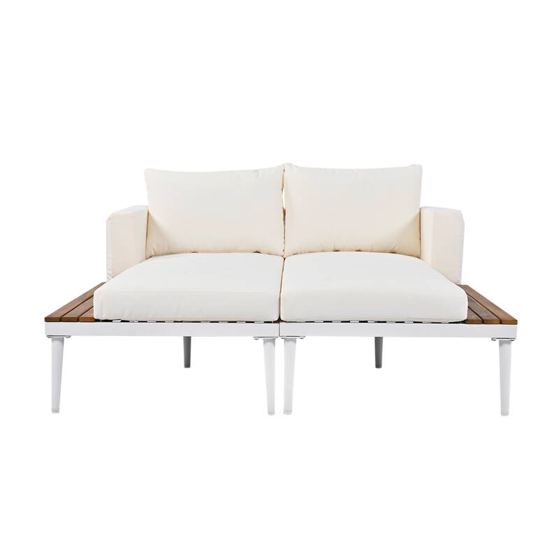 Modern Outdoor Daybed Patio Metal Daybed with Wood Topped Side Spaces for Drinks, 2 in 1 Padded Chaise Lounges for Poolside