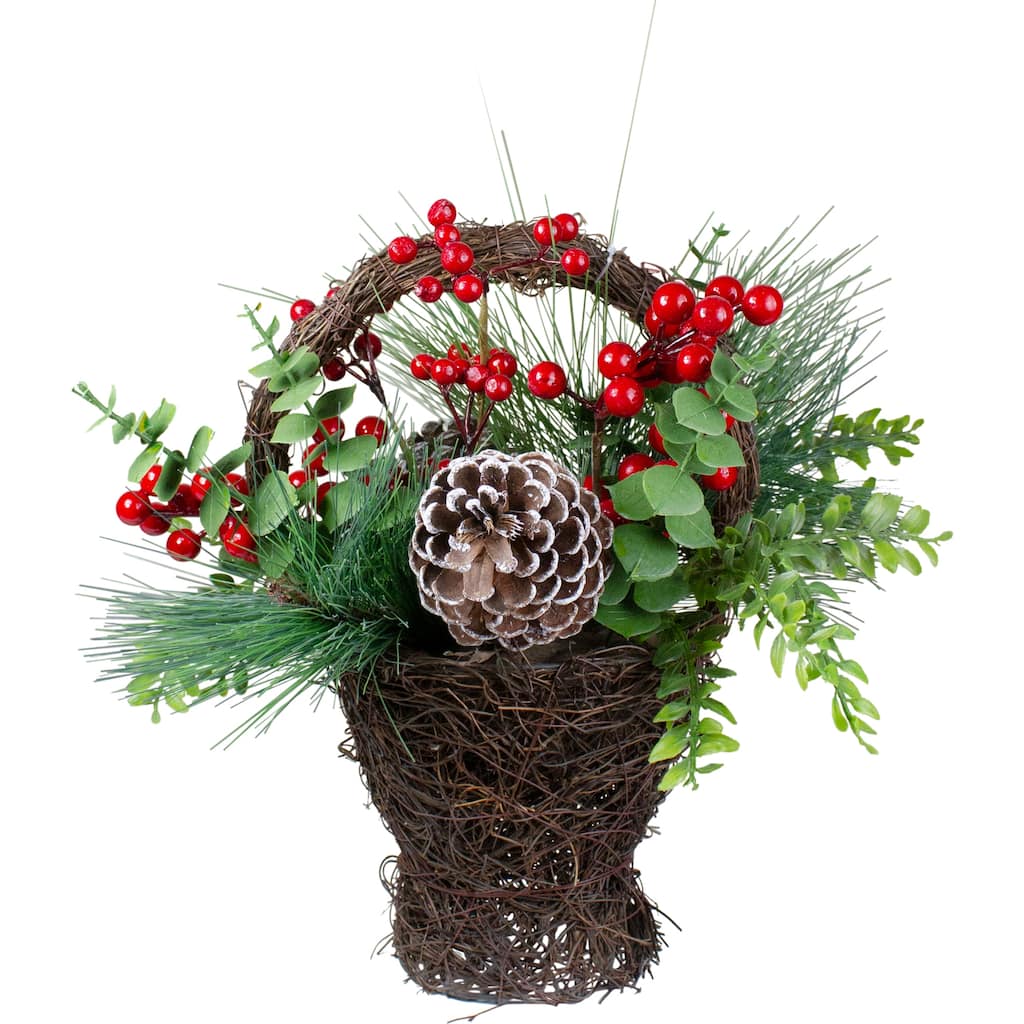 15" Eucalyptus Pine and Berry Artificial Christmas Grapevine Basket - 15