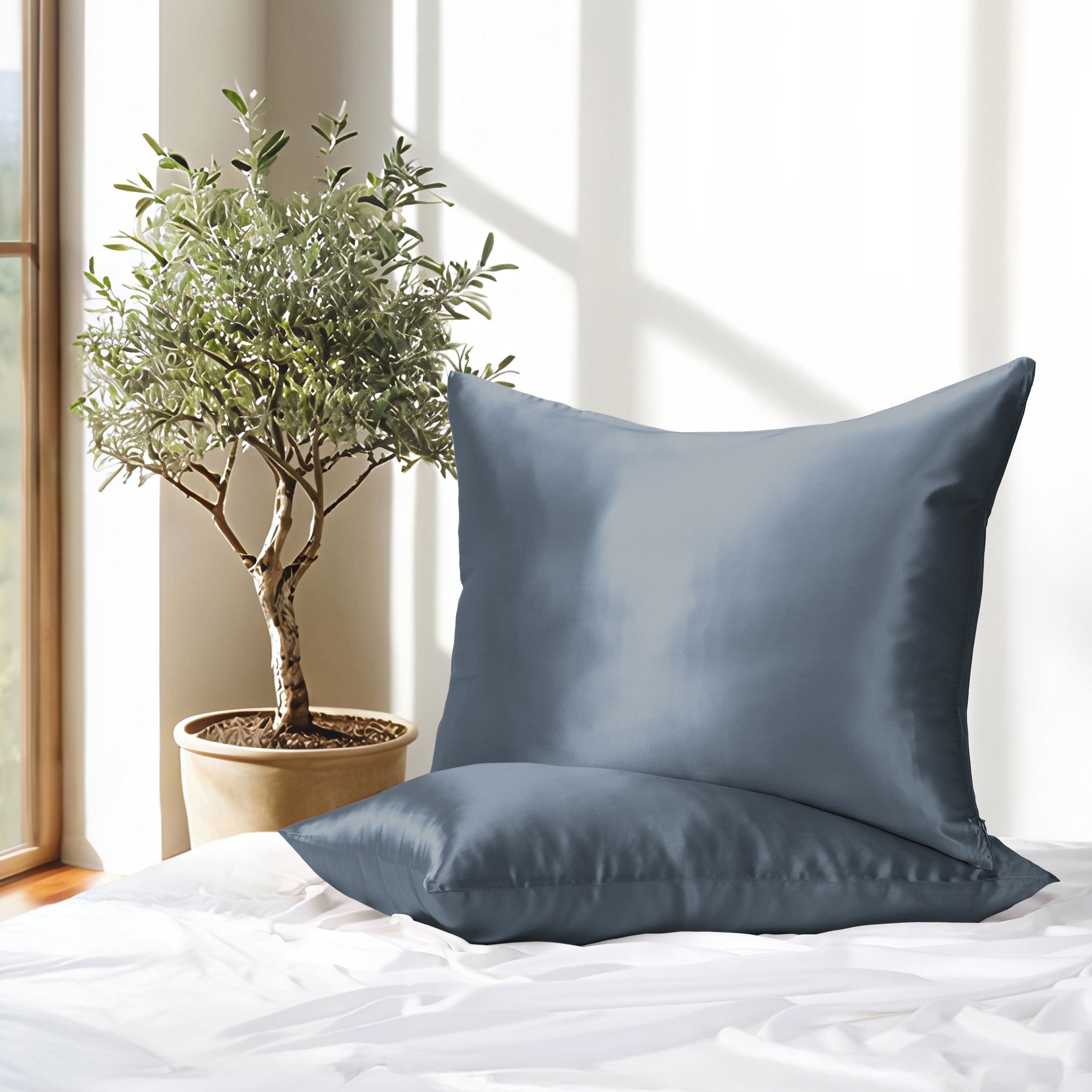 Becky Cameron 100% Mulberry Silk Zippered Pillowcase 2 Piece Set - Standard - Stone Blue