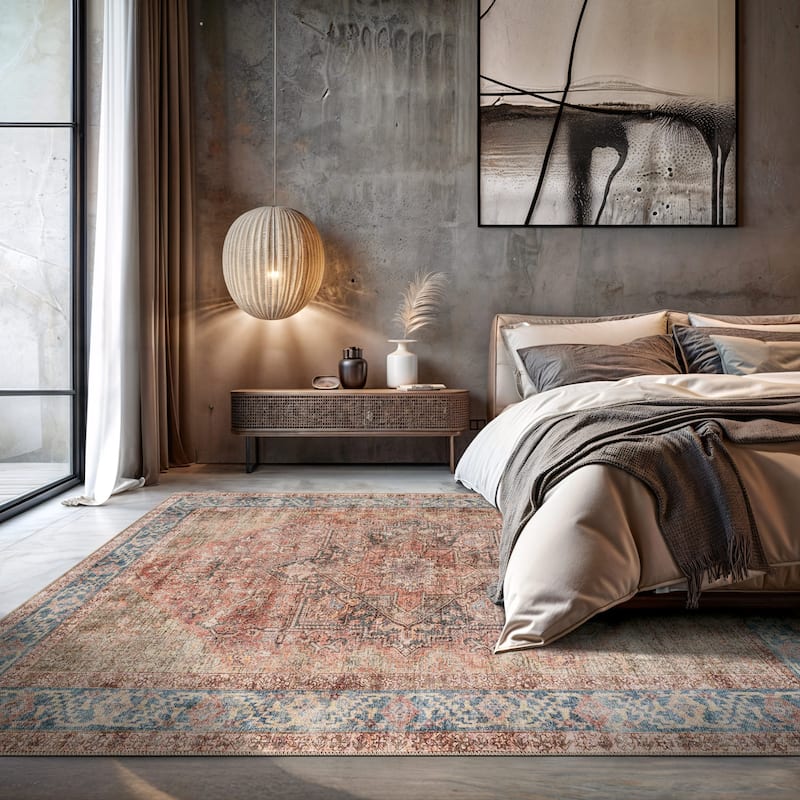 Beige Classic Washable Rug - Flat Pile, Non-Slip, Versatile for Any Room