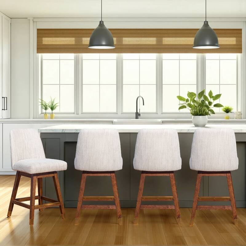 Amalie Upholstered Bar Stool, Swivel Counter Chair with Solid Wood Frame - Set of 4 - Brown & Beige Fabric - Counter Height