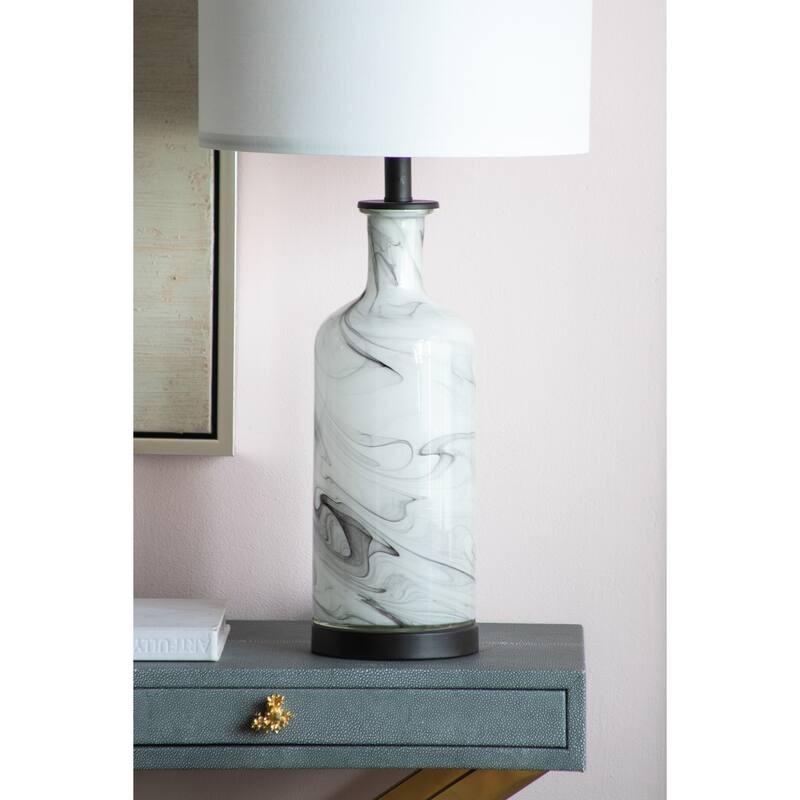 14x14x28.5" Sarris Tall Gray & White Swirl Glass Table Lamp w/ Linen Shade, Back Metal Base