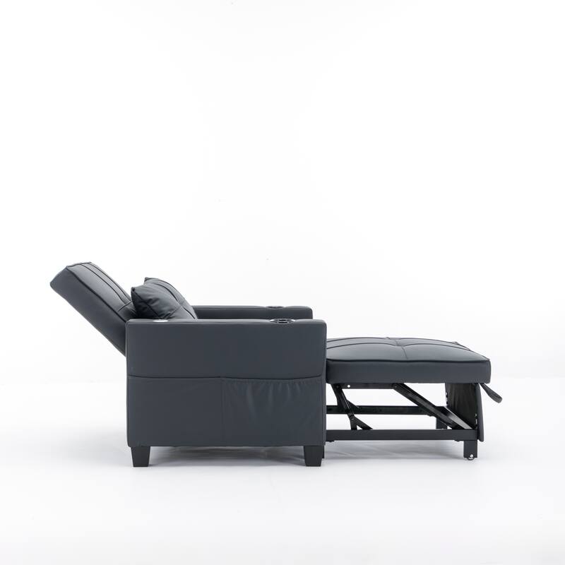Leather Futon Armchair Bed with USB, Cup Holders & 3-Position Backrest