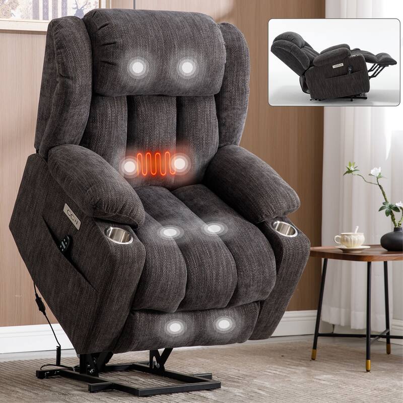 Chenille Power Lift Recliner 8 Point Vibration Massage Chair with Waist Heating, USB Ports and Stainless Steel Cup Holder - Dark Grey