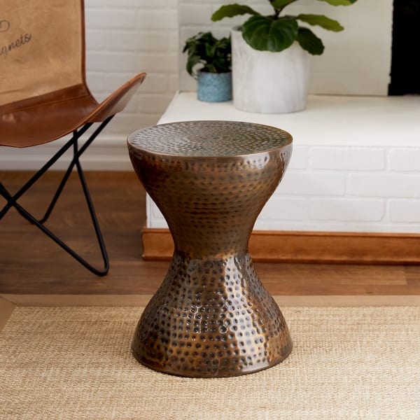 slide 2 of 170, Silver or Bronze Metal Hammered Side End Accent Table with Hourglass Shape Bronze - 14"W, 19"H