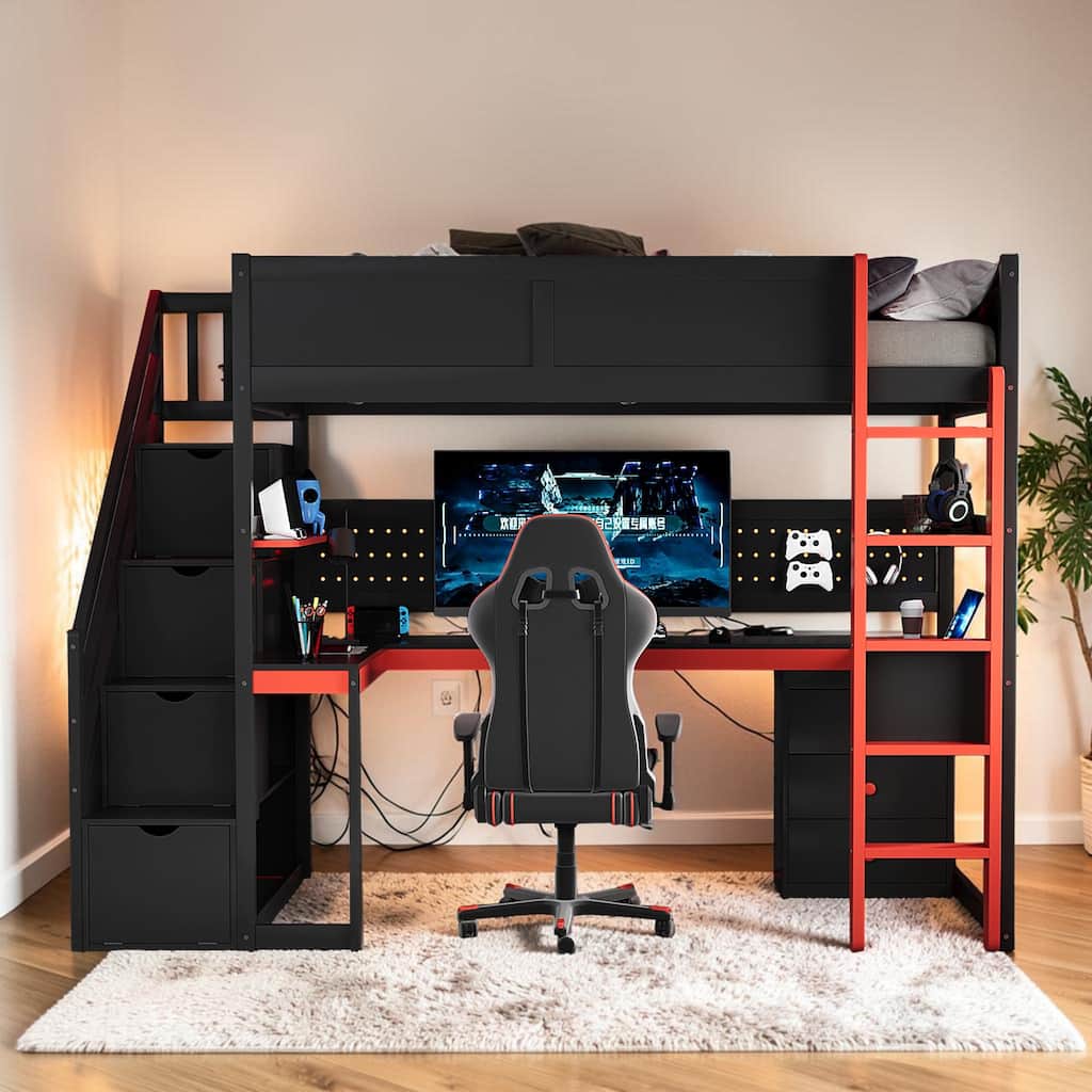 Wood Gaming Loft Bed with Storage Stairs, Desk and Shelves, Kids Loft Bed with Pegboard Organizer