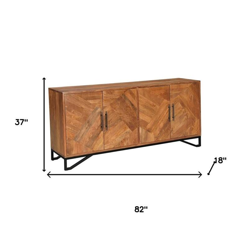 HomeRoots 82" Brown Solid Wood Carved Geometric Sideboard with Four Doors - 82.00 in. x 37.00 in. x 18.00 in.