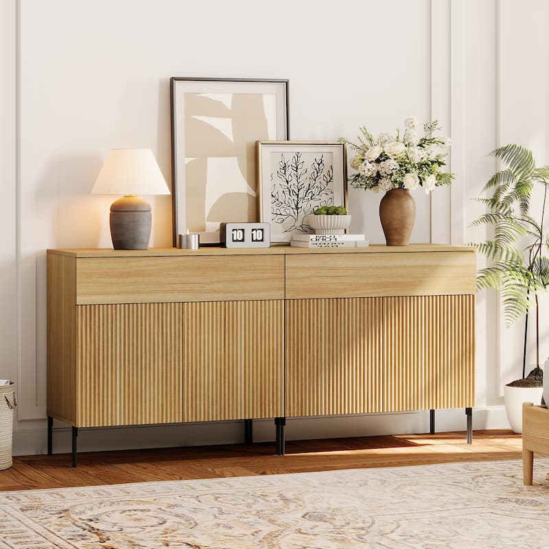 4 Pcs Bedroom Set，Wooden Dresser and Nightstand Sets, Reeded Dresserwith Doors, Night Stand of 2 with Charging