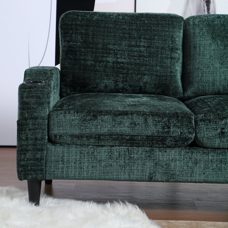 Chenille Deep Seat Couch with Chaise, L-shaped Sectional Sofa with Storage Ottoman, Cup Holders and Side Pockets for Living Room
