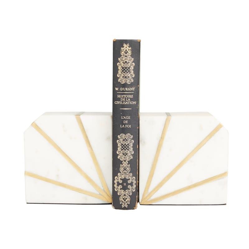 CosmoLiving by Cosmopolitan White Marble 8 lbs Geometric Decorative Bookends with Gold Inlay (Set of 2)