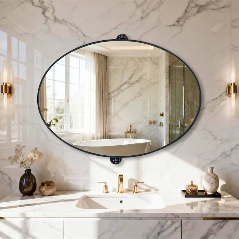 Metal Framed Pivoting Bathroom Vanity Mirror Adjustable Tilting Oval Wall Mirror Horizontal or Vertical - 19.68” x 27.56”
