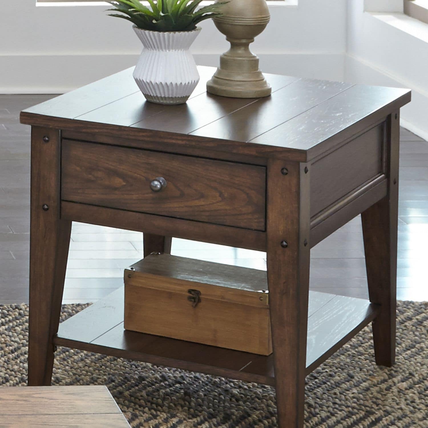 Liberty Furniture Lake House Drawer End Table Rustic Brown Oak Wood - W23 x D27 x H23