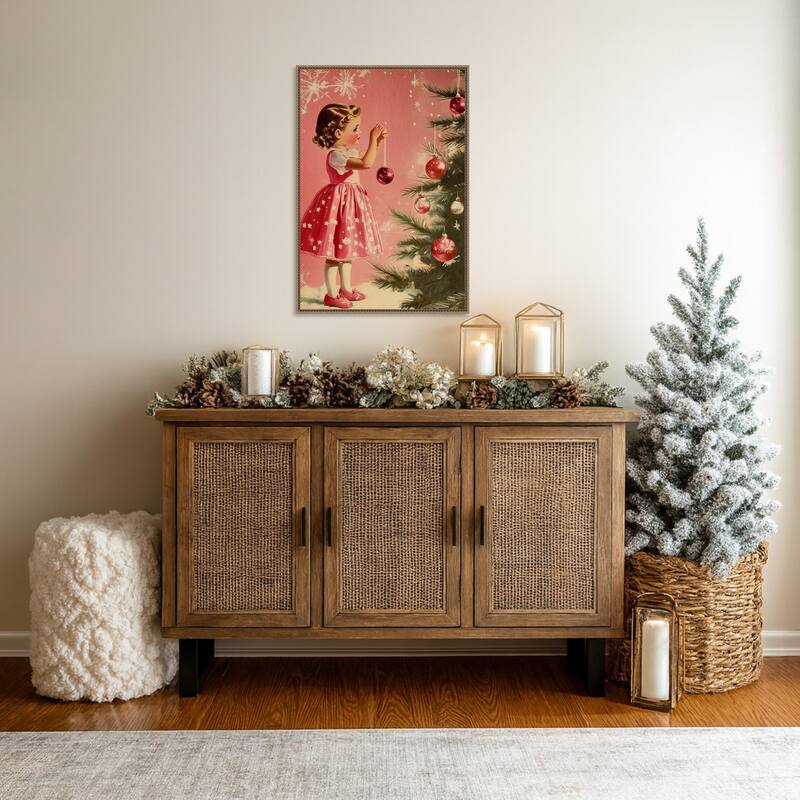 Girl With Baubles by Pictufy Studio (23 x 33 in.), Framed Canvas Wall Art Print - Sylvie Beaded Dark Gold