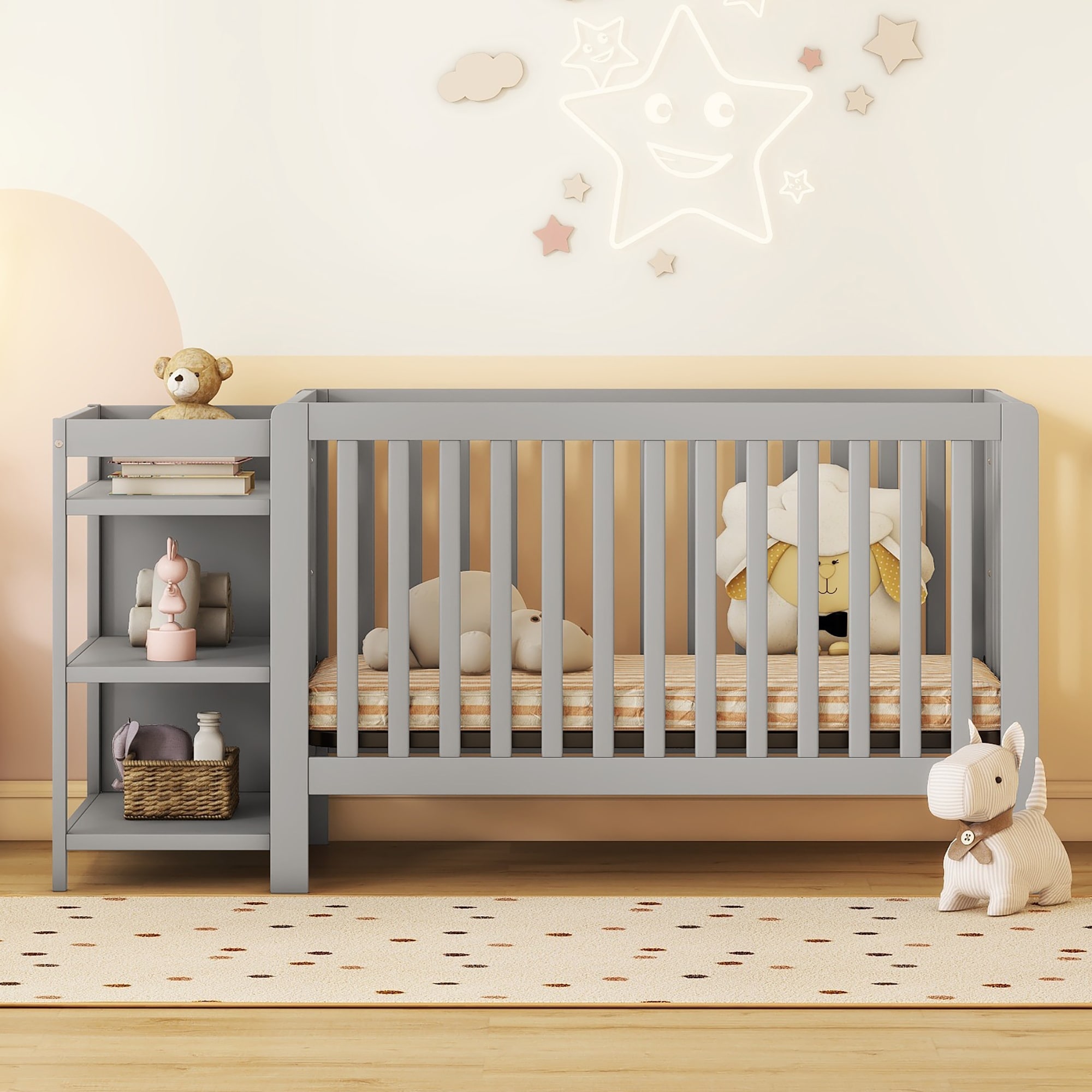 Gray baby cribs store with changing table