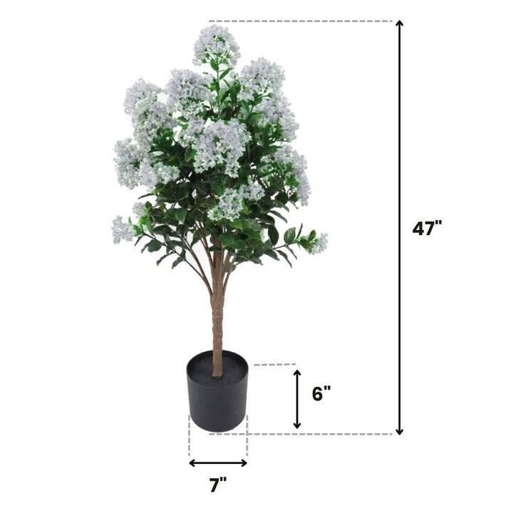 47 In. Artificial White Lilac Plant in black pot. Outdoor/Indoor - Green