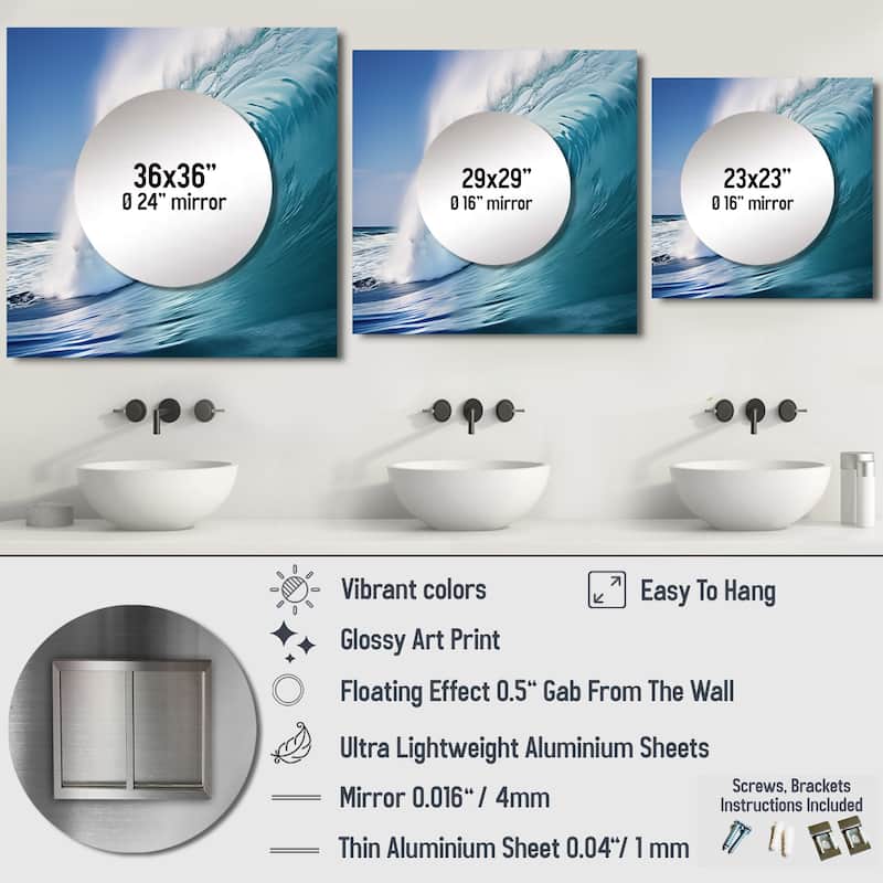 Designart "Turquoise Power Of Ocean Wave III" Modern Wall Mirror - Coastal Square Mirror For Bathroom