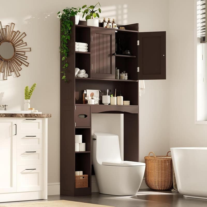 66''H Over The Toilet Storage Cabinet, Bathroom Storage Organizerwith 2 Doors, Paper Holder and Racks, Adjustable Shelf