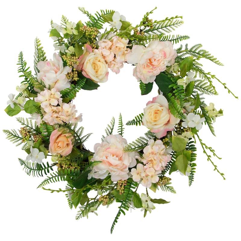 Rose and Peony Fern Artificial Floral Spring Wreath, Pink - 24-Inch