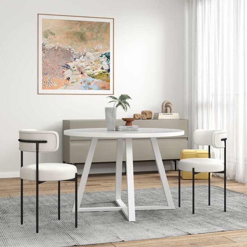 3-Piece Round Dining Set, Trestle Dining Table with 2 Boucle Chairs