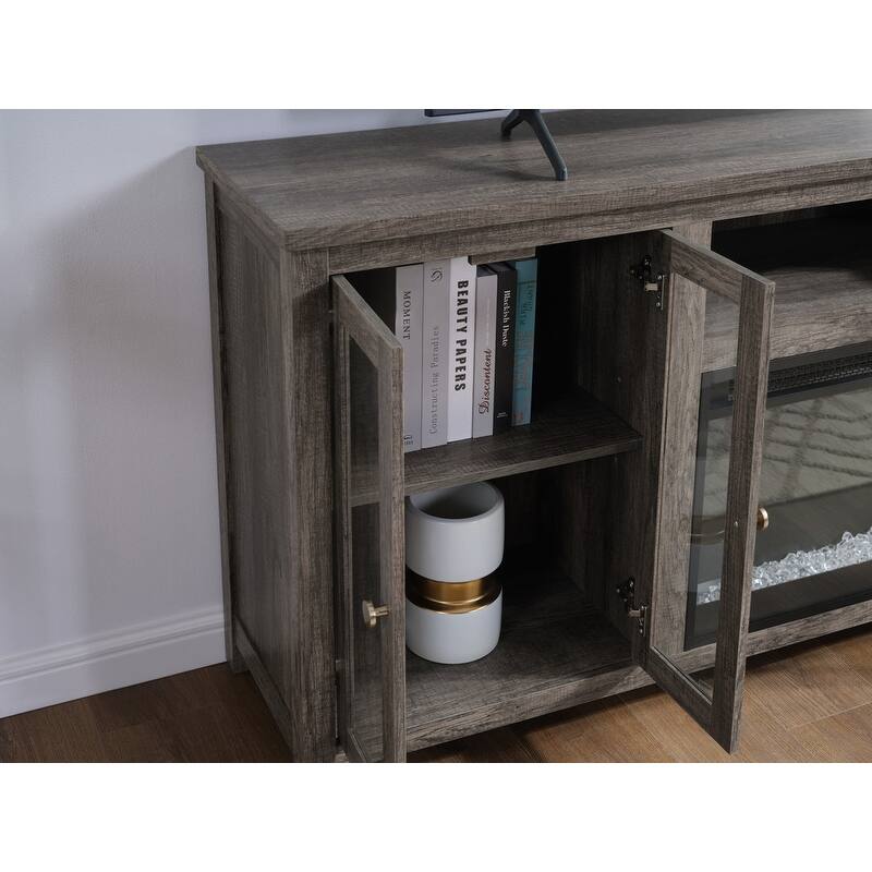 Ellington 70"W White Walnut Finish Fireplace TV Stand Console with LED Light, Cabinets, Shelves - n/a