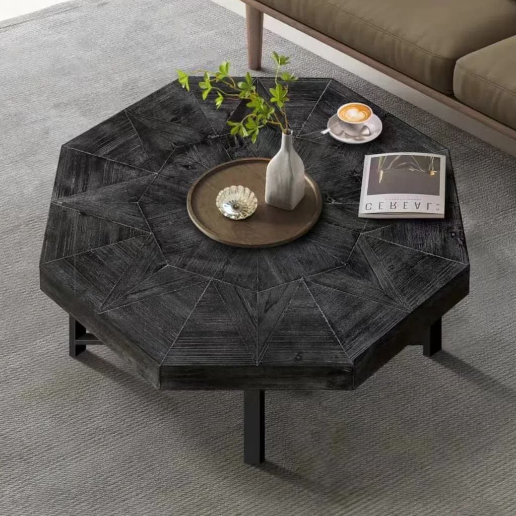 30" Wood Octagonal Vintage Patchwork Craft Wooden Table Top and Metal Legs