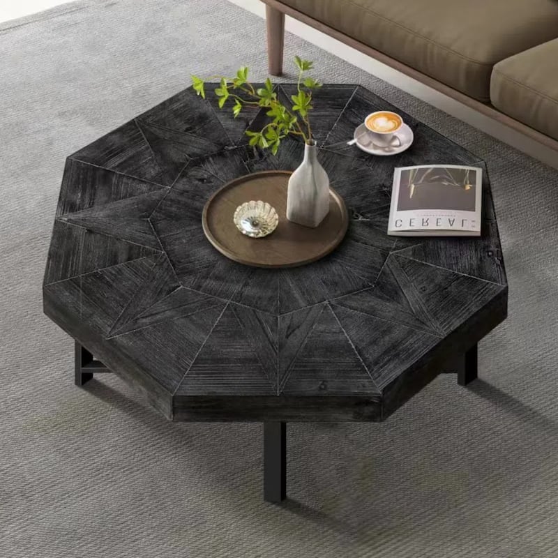 Vintage Center Table Octagonal Coffee Table Living Room End Table with Patchwork Solid Wood Tabletop and Crossed Metal Legs