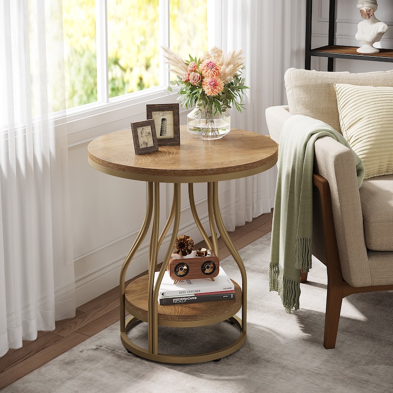 2-Tier Round End Side Table, Modern Nightstand - Light Brown