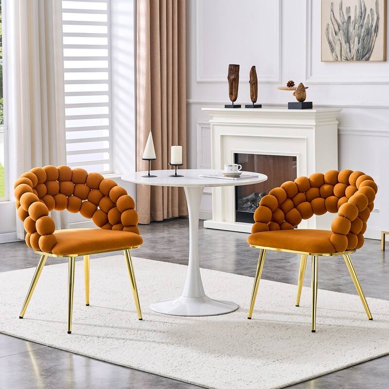 Set of 2 Velvet Bubble Link Chairs - Modern Sculptural Seating for Dining & Living Rooms - Gold,Orange