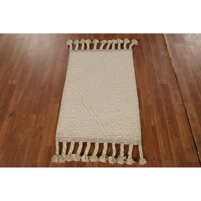 Beige Geometric Moroccan Oriental Rug Hand-Knotted Foyer Wool Carpet - 2'0"x 3'0"