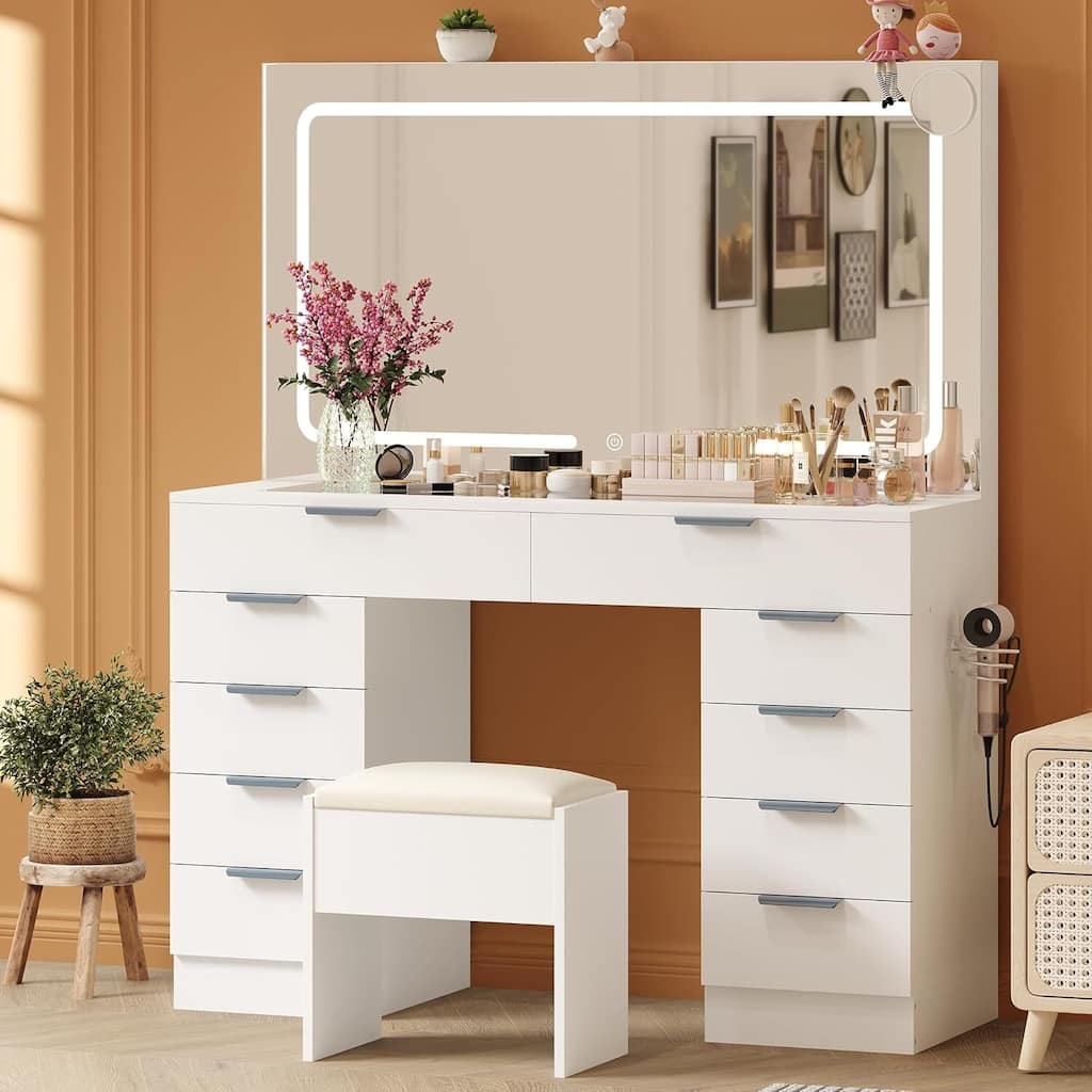 Vanity Desk, Makeup Dressing Table with Large Mirror and Lights