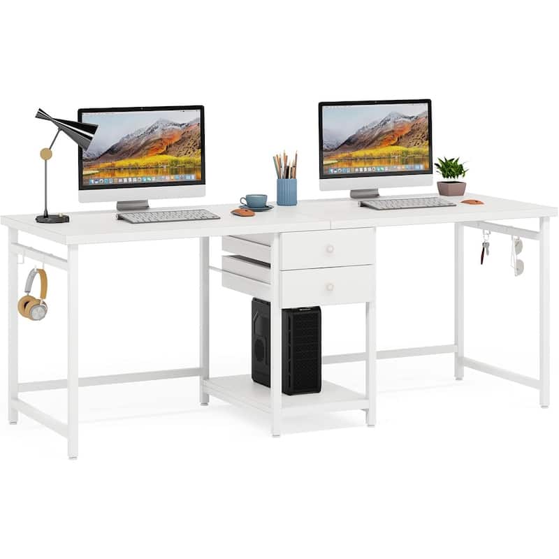 79-Inch Two Person Computer Desk with Drawers and Storage Shelves, Extra Long Double Workstation Table with Hooks