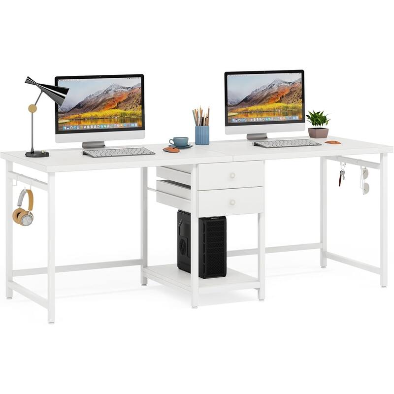 79-Inch Two Person Computer Desk with Drawers and Storage Shelves, White