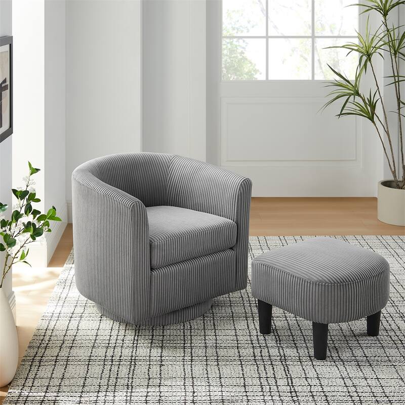 360°Swivel Corduroy Fabric Accent Chair with Ottoman (Set of 2) - Grey